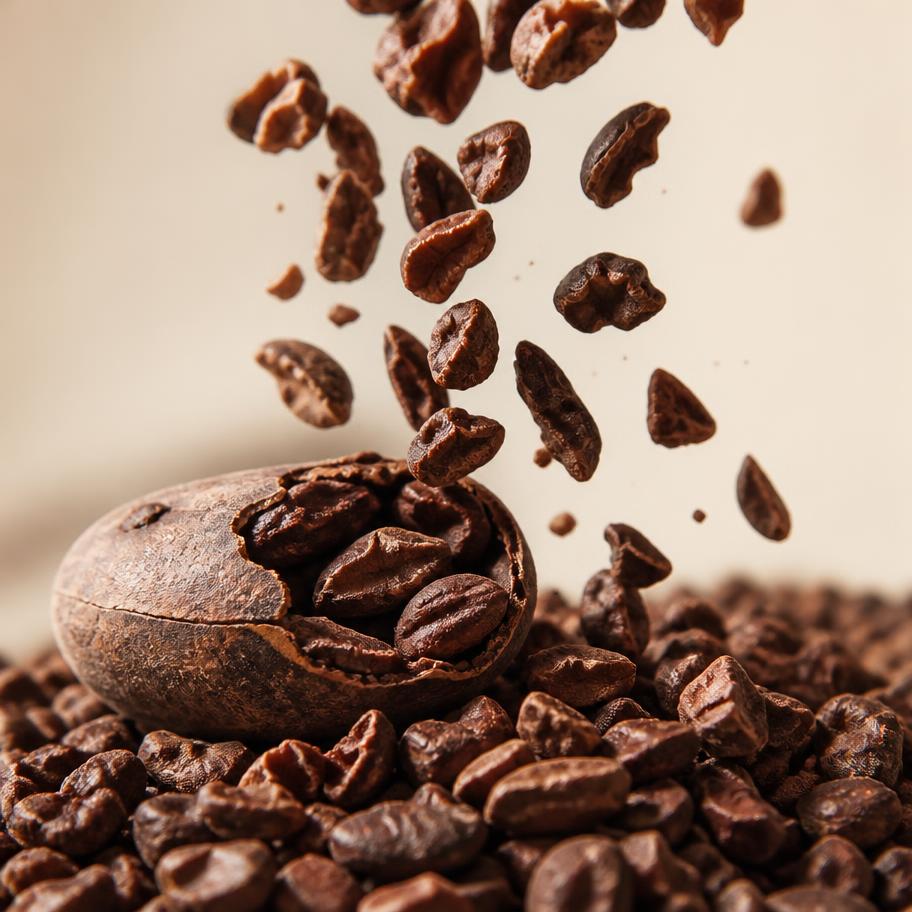 Roasted cacao nibs falling from a cracked cacao bean