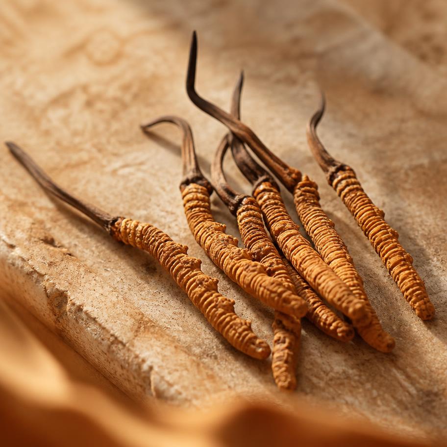 Dried cordyceps mushrooms on a warm stone surface