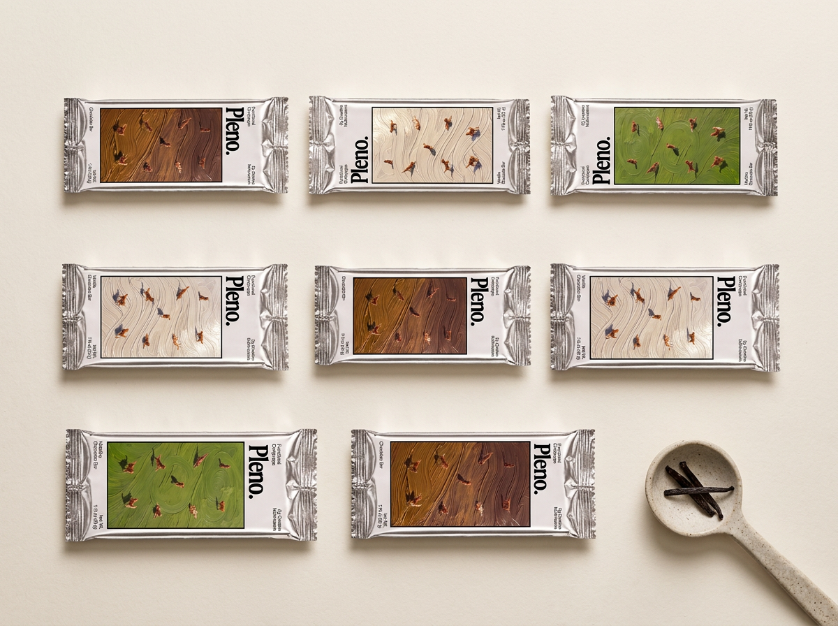 Silver Pleno bar partially unwrapped beside cacao nibs, matcha powder and vanilla pods