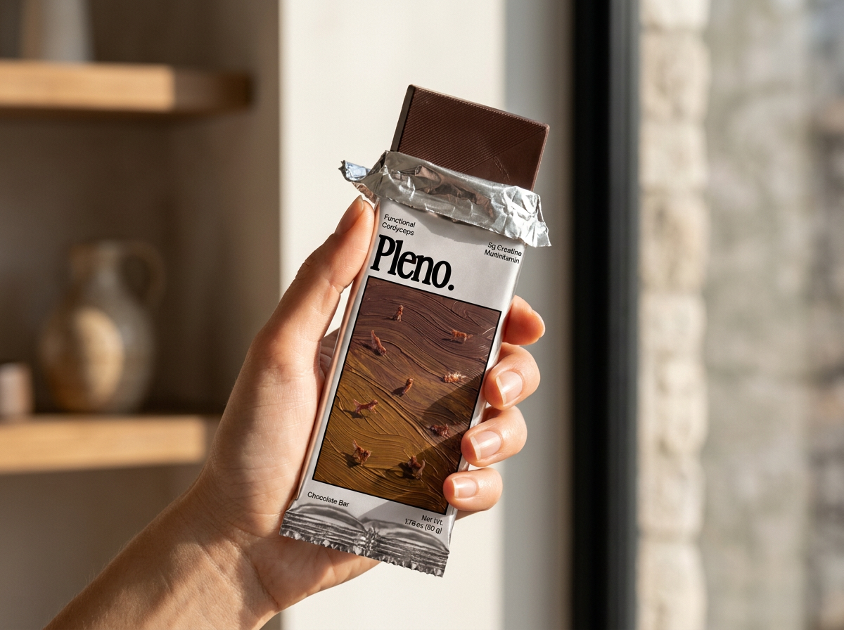 Person walking through a sunlit city street holding a silver foil-wrapped Pleno bar
